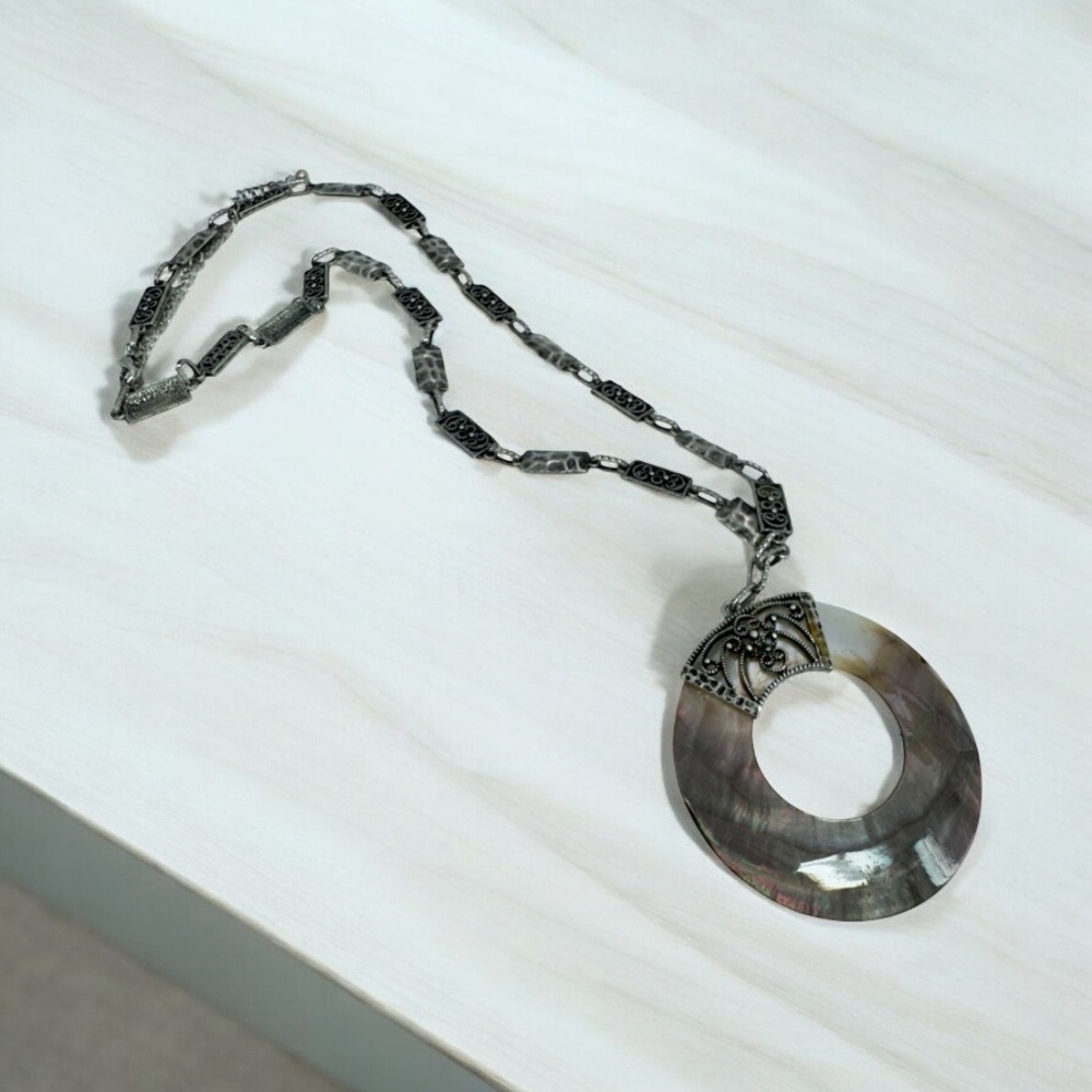 Silver tone chain necklaces round mother of pearl pendant 24 inches  *read*